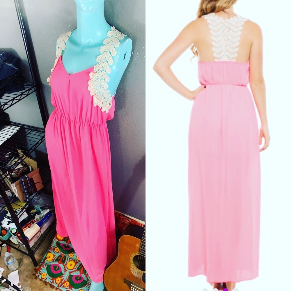 💕 NWT Hot Pink Neon Lace Boho Maxi Dress Medium